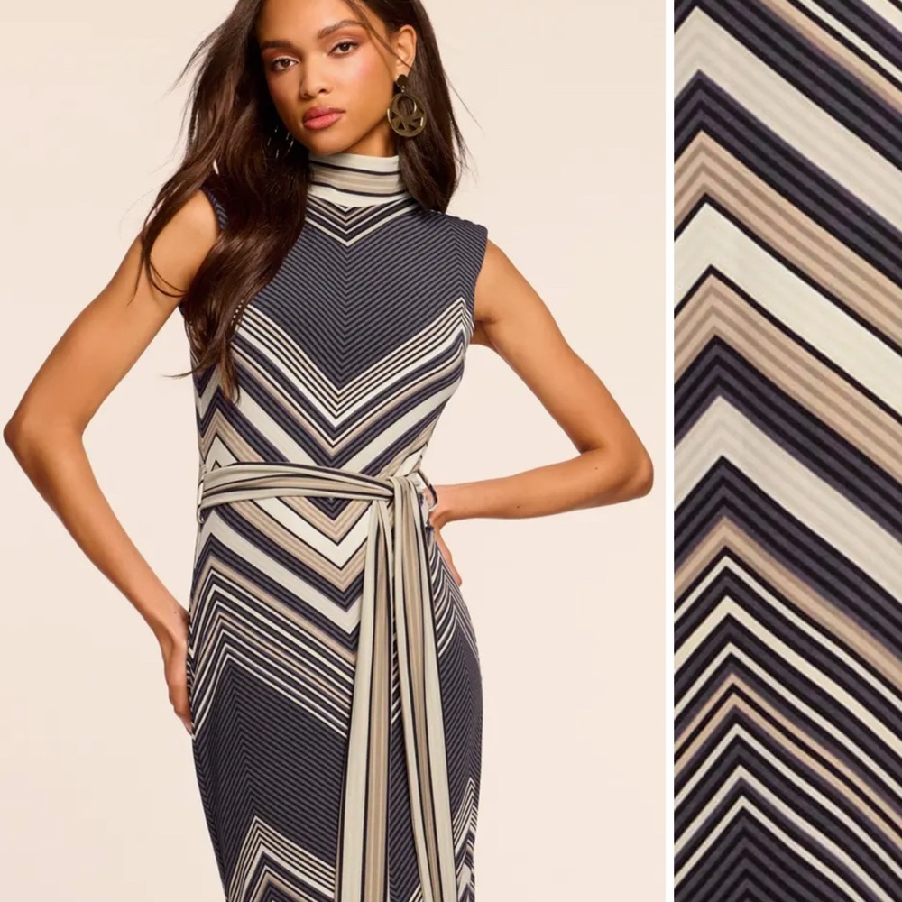 Ramy Brook Chevron Striped Midi Dress in Black and Cream